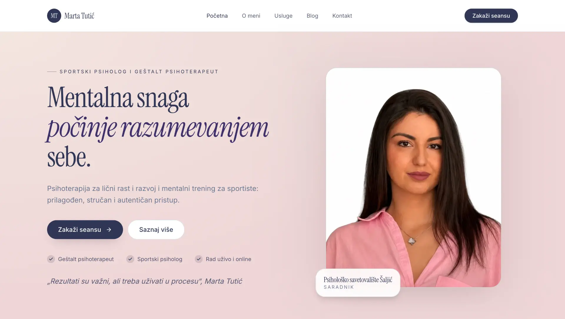Početna stranica sajta Marta Tutić Psihoterapeut koji je izradio Media Aces